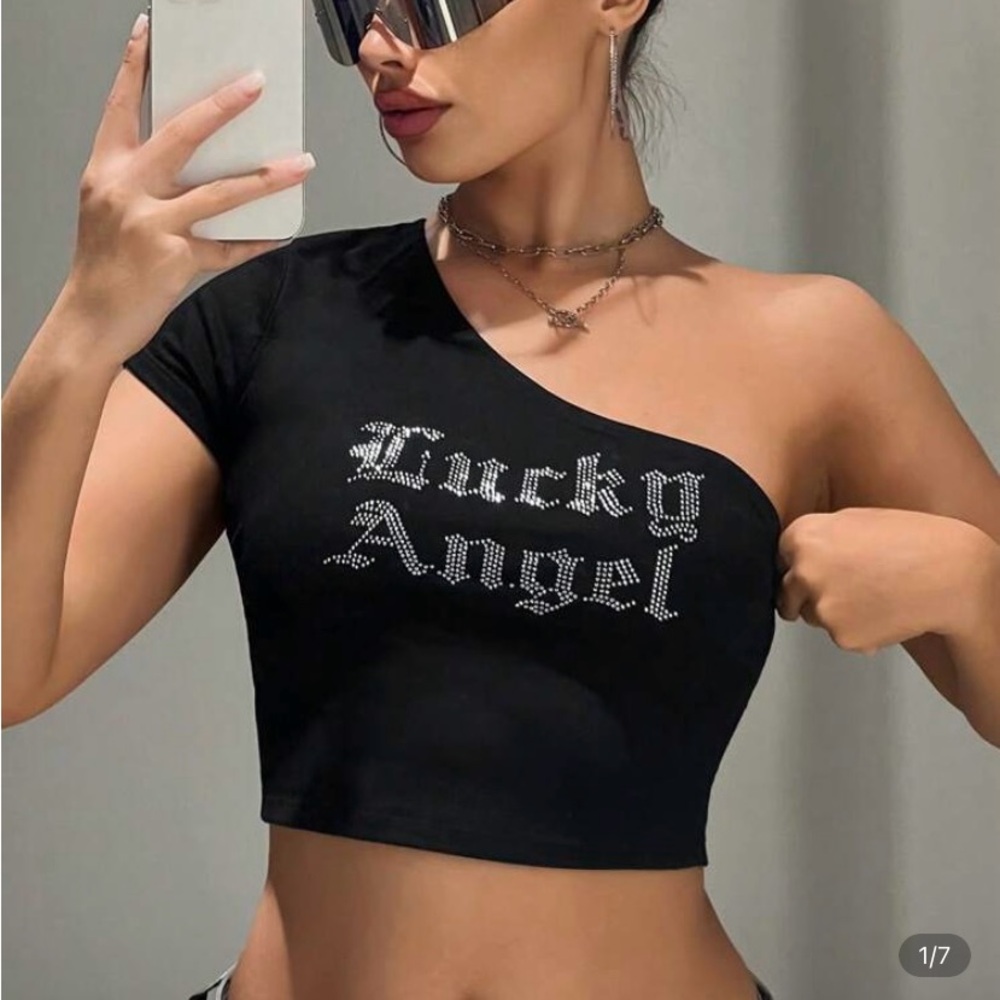Black One-Shoulder Top with Silver Text